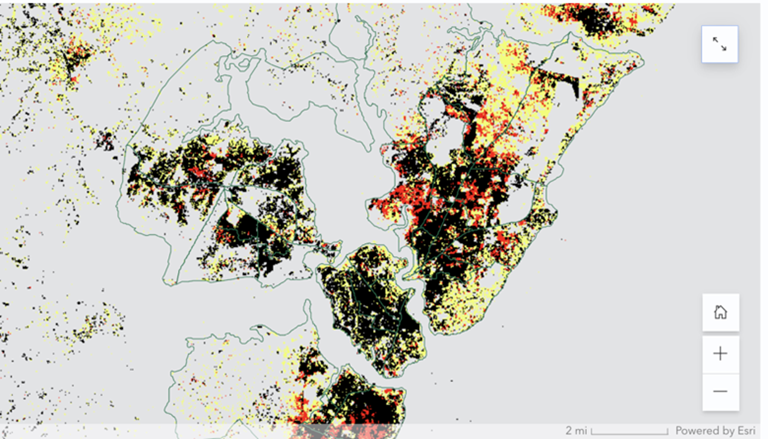 A map of built-Up Areas in 1990 (black), 2000 (yellow), and 2010 (red) in Mombasa, Kenya