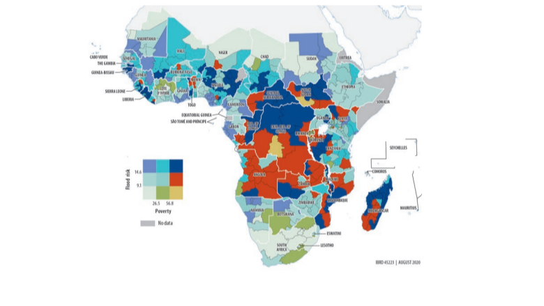 A map of Sub-Saharan Africa with joint poverty and flood risks by region