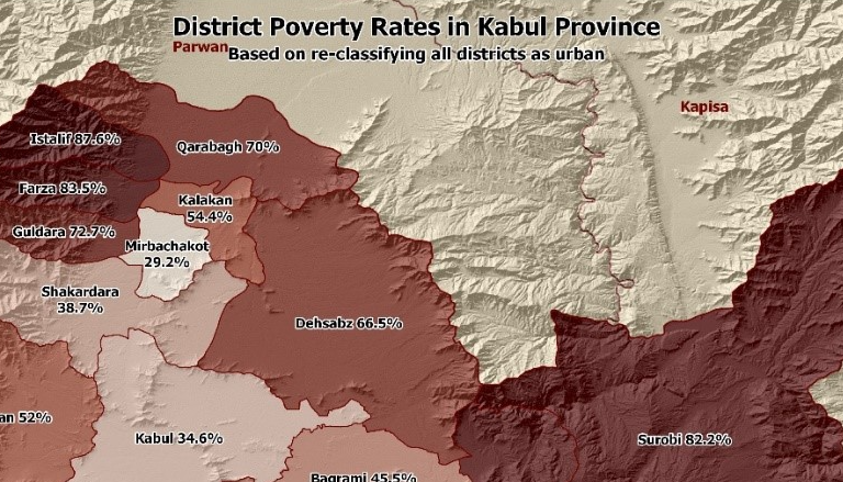 Relief map of Afghanistan showing poverty rates by region
