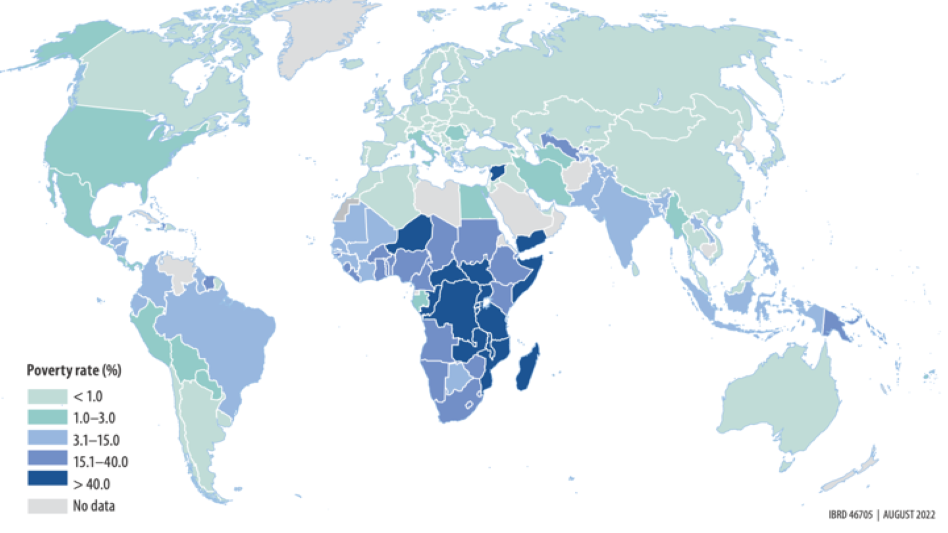 A map of the word that shows each economy's poverty headcount rate at the $2.15 poverty line for 2019